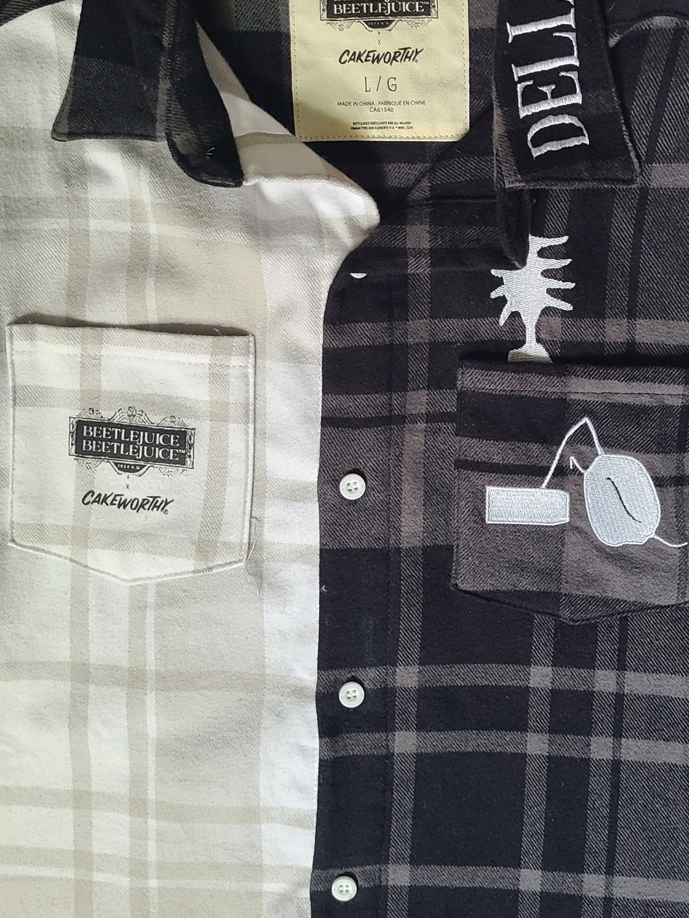 Cakeworthy Beetlejuice Two-Tone Black & White Plaid Long Sleeve Shirt